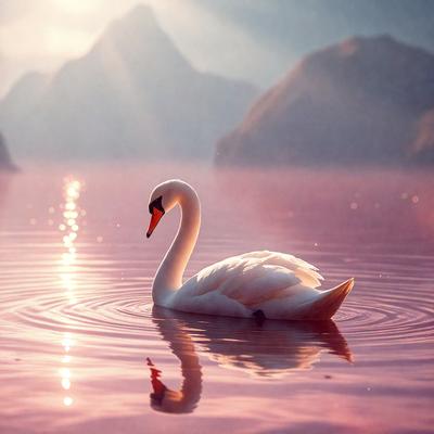 The primary subject of the image is a white swan floating on a pink body of water. The swan appears to be looking at the camera, creating a sense of connection with the viewer. The setting is a serene body of water, with mountains visible in the background. The visual style of the image is a combination of photo and digital art, creating a unique and captivating scene. The dominant colors in the image are pink and white, giving the scene a warm and inviting atmosphere.
